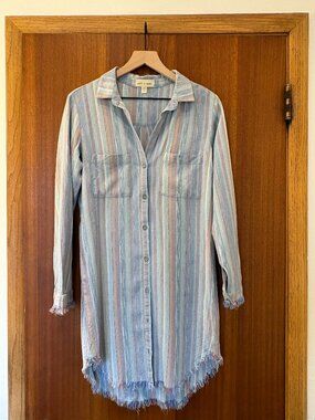 Anthropologie Cloth & Stone Button Down Frayed Long Sleeve Shirt Dress / Small